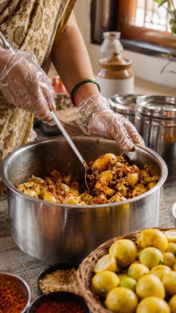 Gloved hands mixing lemon pickle with a steel spoon in a clean steel vessel