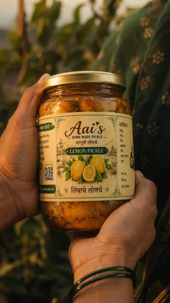 The finished jar of Aai's Homemade lemon pickle held in two hands at dusk